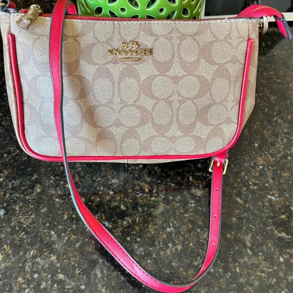 Coach Crossbody in Khaki Signature Canvas with Hot Pink Trim